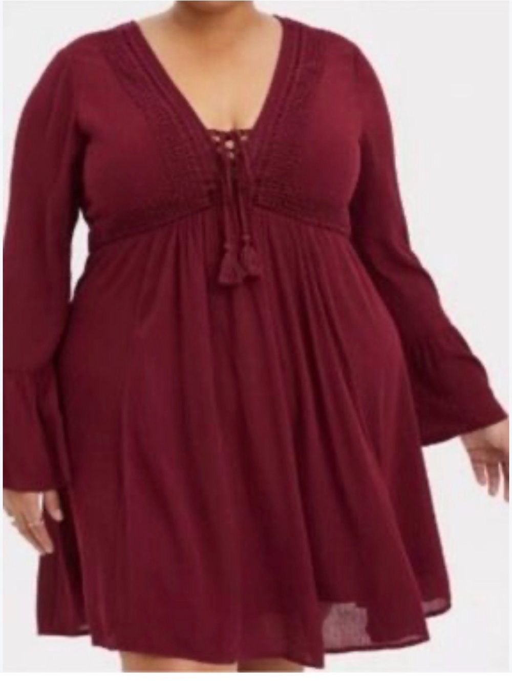 Torrid Burgundy Lace Up Gauze Skater Long Flare Sleeve Dress Boho Sz 1(1X)